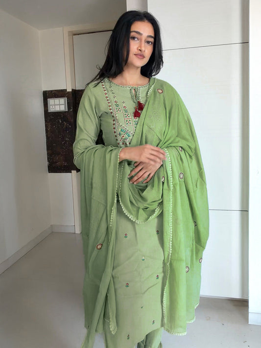 Janasya Women's Mint Green Linen Cotton Embroidered Straight Kurta Set