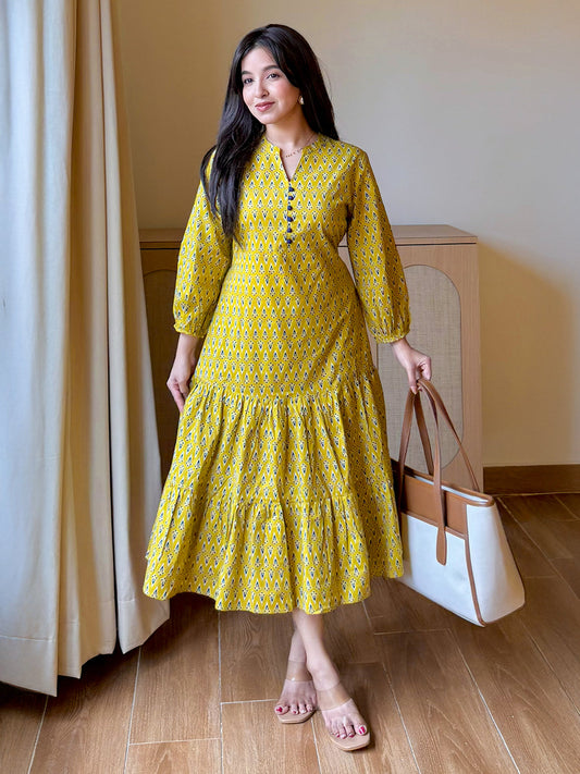 Janasya Women's Mustard Pure Cotton Ethnic Motif Printed Fit & Flare Dress