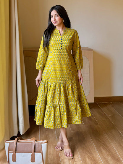 Janasya Women's Mustard Pure Cotton Ethnic Motif Printed Fit & Flare Dress