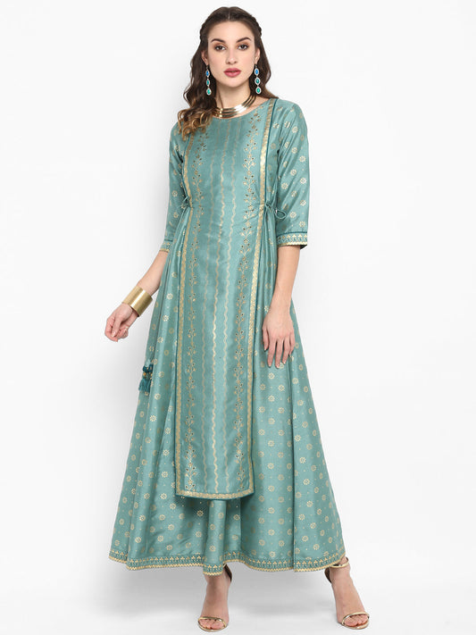 Janasya Women's Green Silk Blend Foil Print Flared Ethnic Dress