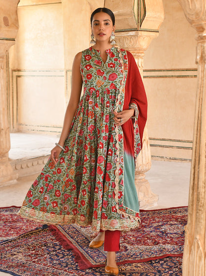 Sea green Cotton Floral Block Print Kurta with Pant and Dupatta Janasya Luxe