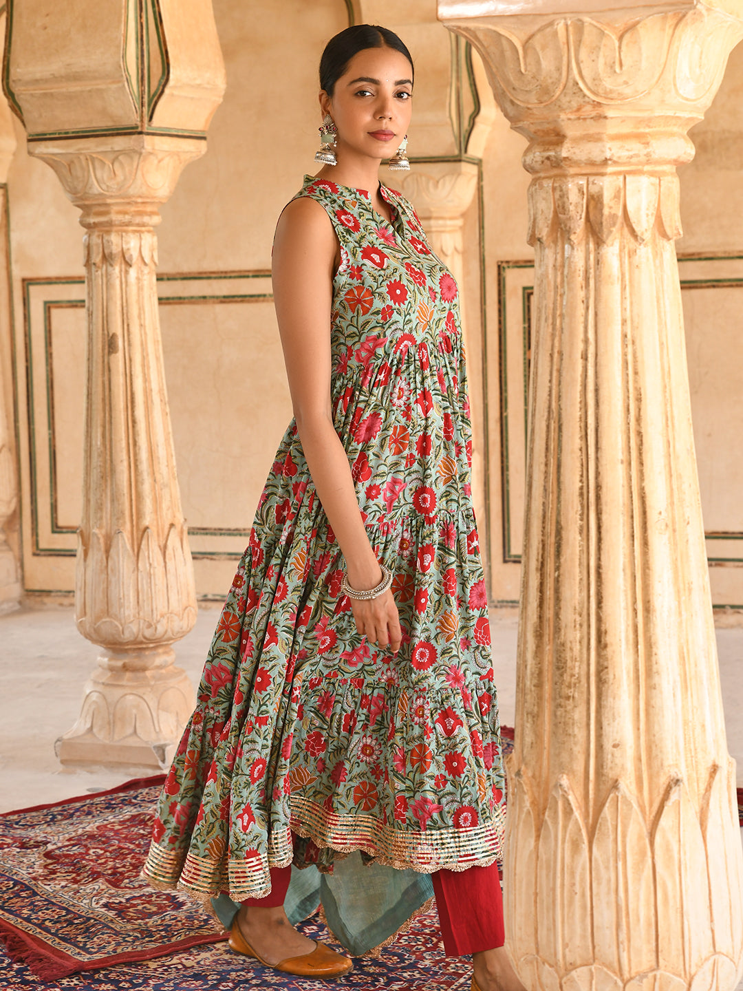 Sea green Cotton Floral Block Print Kurta with Pant and Dupatta Janasya Luxe