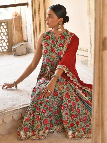 Sea green Cotton Floral Block Print Kurta with Pant and Dupatta Janasya Luxe