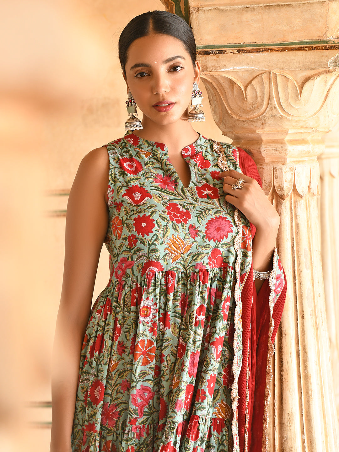 Sea green Cotton Floral Block Print Kurta with Pant and Dupatta Janasya Luxe