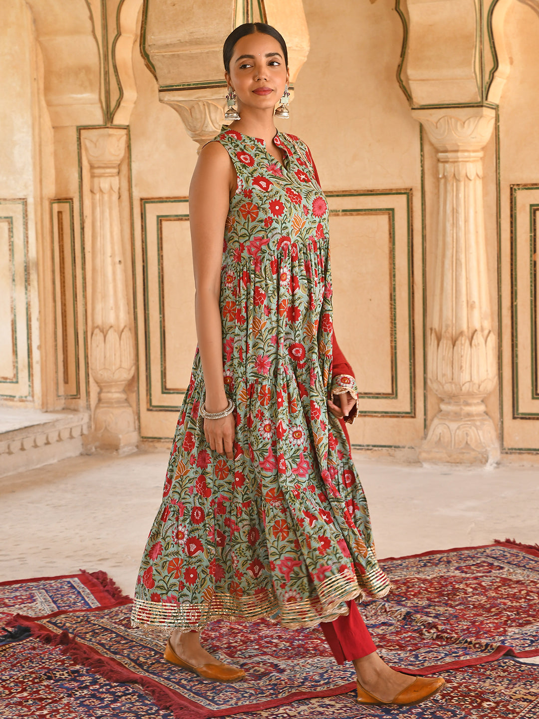 Sea green Cotton Floral Block Print Kurta with Pant and Dupatta Janasya Luxe