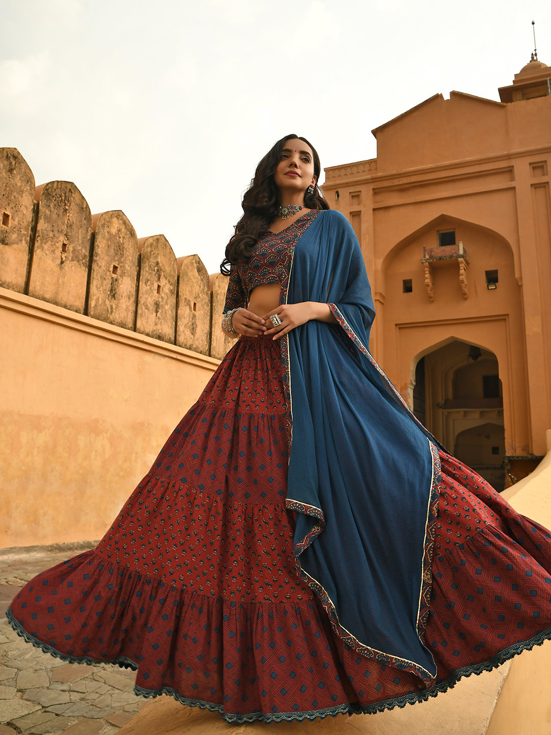 Maroon Cotton Block Print Lehenga Choli With Dupatta Janasya Luxe