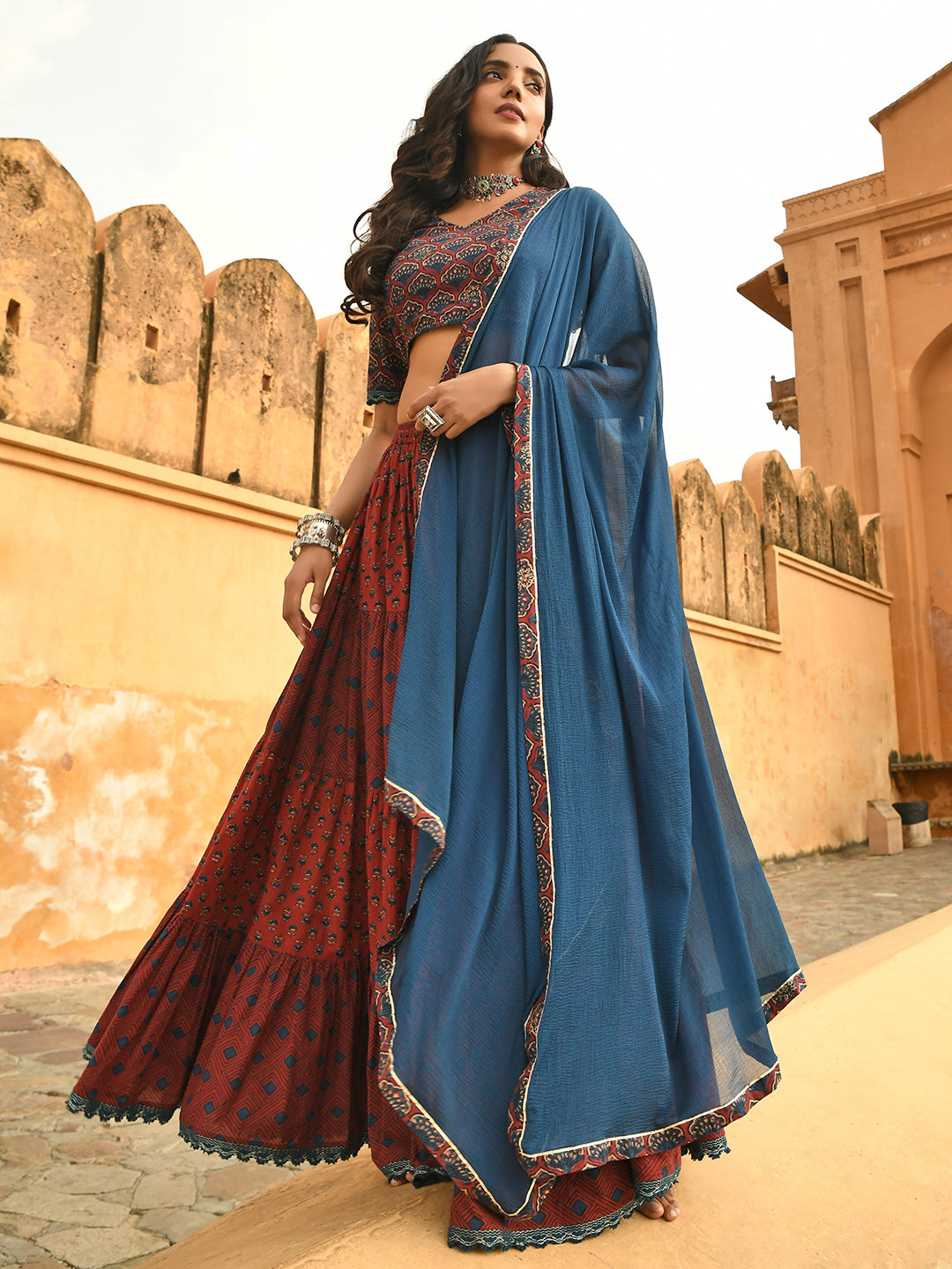 Maroon Cotton Block Print Lehenga Choli With Dupatta Janasya Luxe