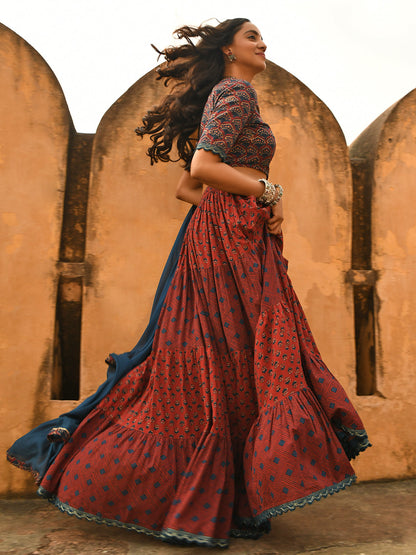 Maroon Cotton Block Print Lehenga Choli With Dupatta Janasya Luxe