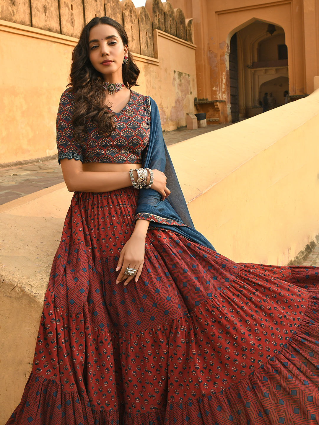 Maroon Cotton Block Print Lehenga Choli With Dupatta Janasya Luxe