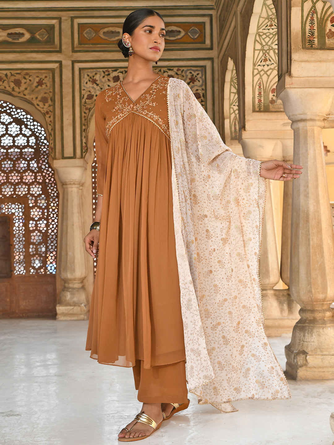 Brown Georgette Floral Embroidery Kurta with Palazzo and Dupatta Janasya Luxe