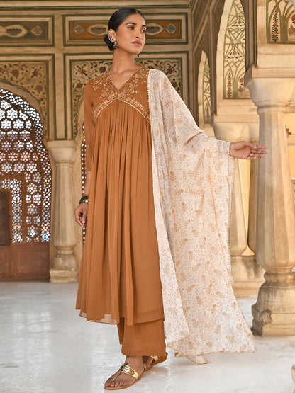 Brown Georgette Floral Embroidery Kurta with Palazzo and Dupatta Janasya Luxe