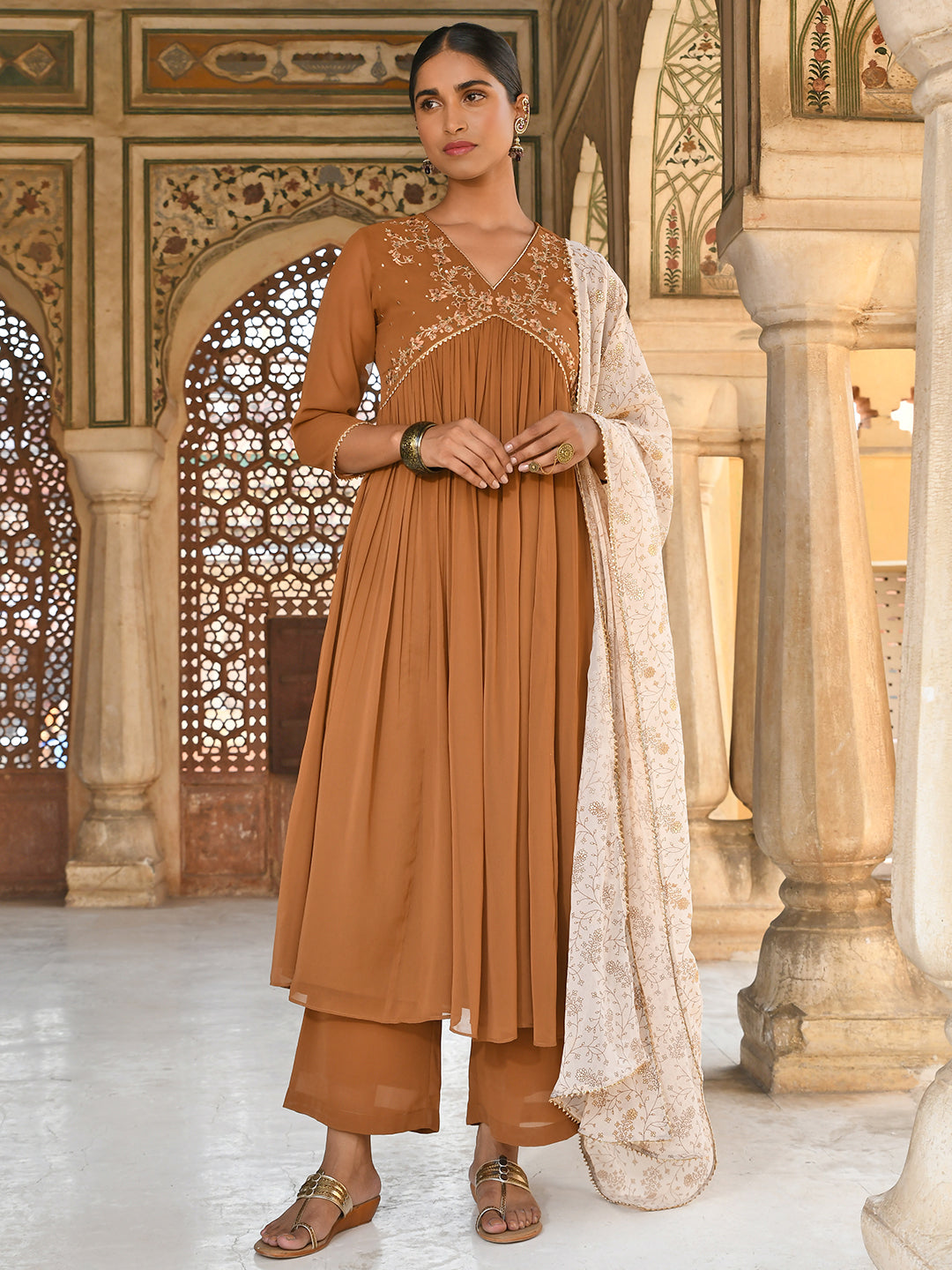 Brown Georgette Floral Embroidery Kurta with Palazzo and Dupatta Janasya Luxe