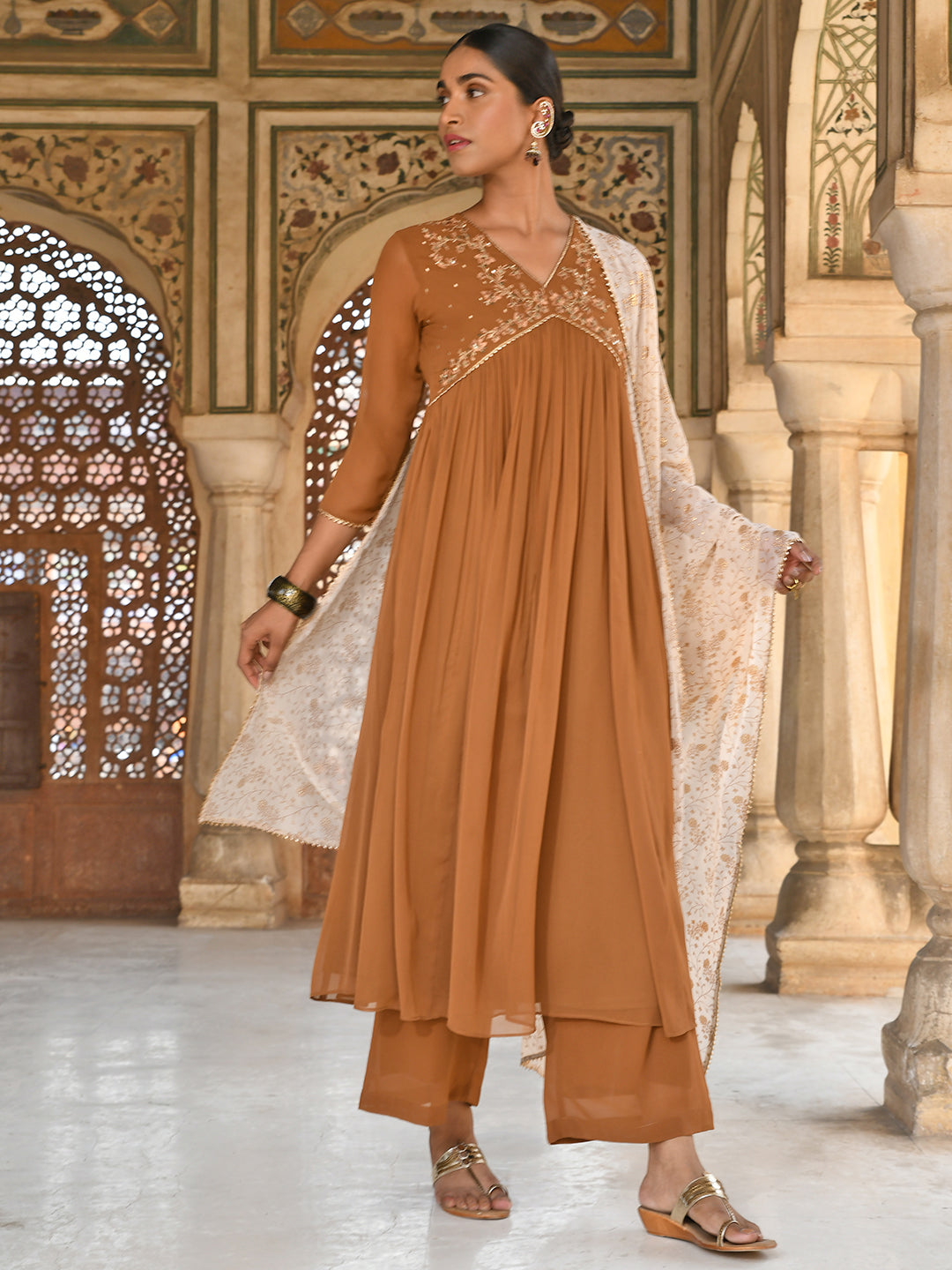 Brown Georgette Floral Embroidery Kurta with Palazzo and Dupatta Janasya Luxe