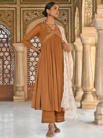 Brown Georgette Floral Embroidery Kurta with Palazzo and Dupatta Janasya Luxe