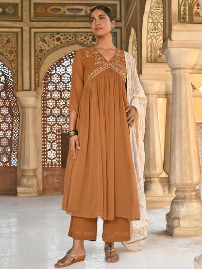 Brown Georgette Floral Embroidery Kurta with Palazzo and Dupatta Janasya Luxe