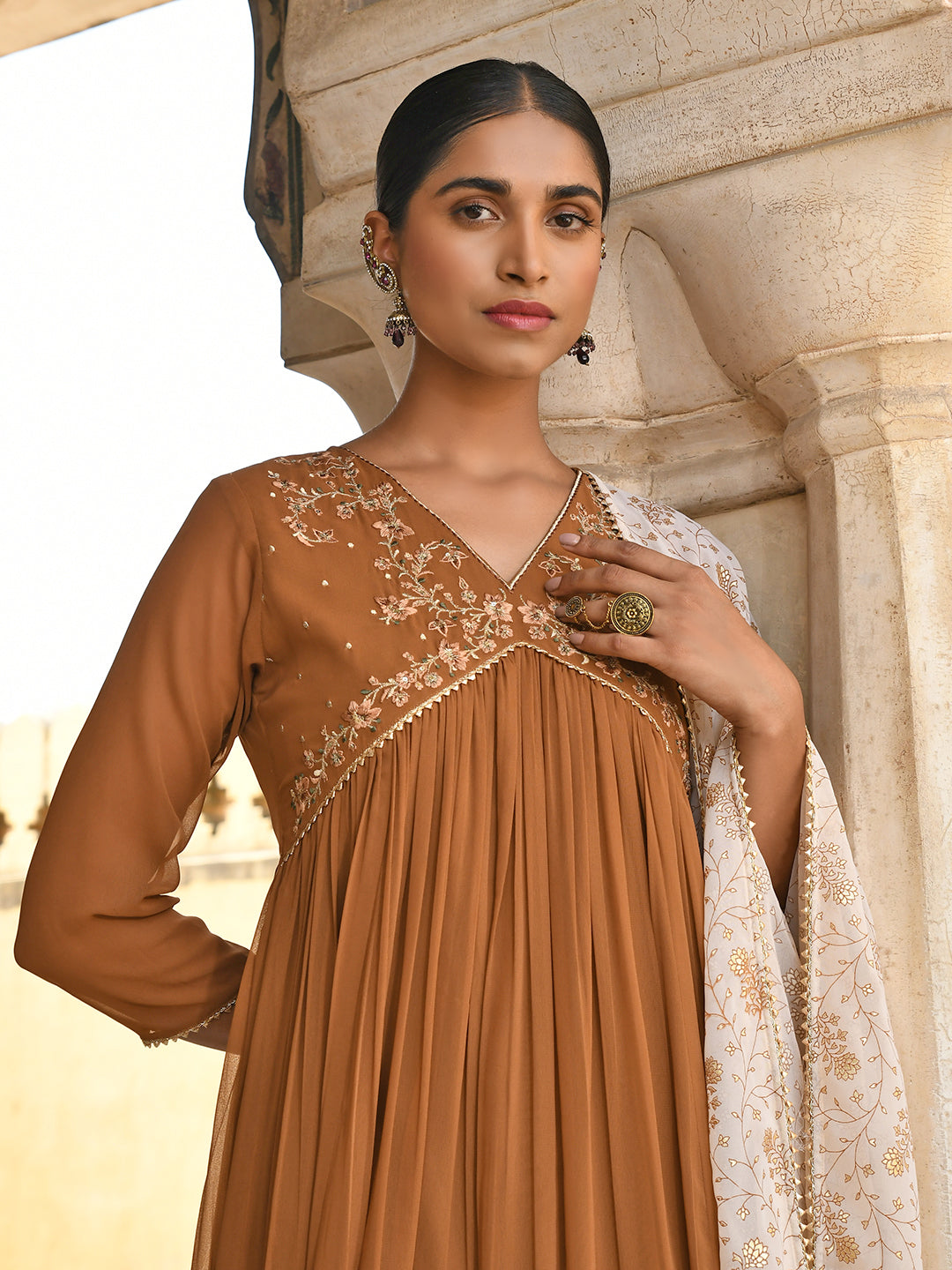 Brown Georgette Floral Embroidery Kurta with Palazzo and Dupatta Janasya Luxe