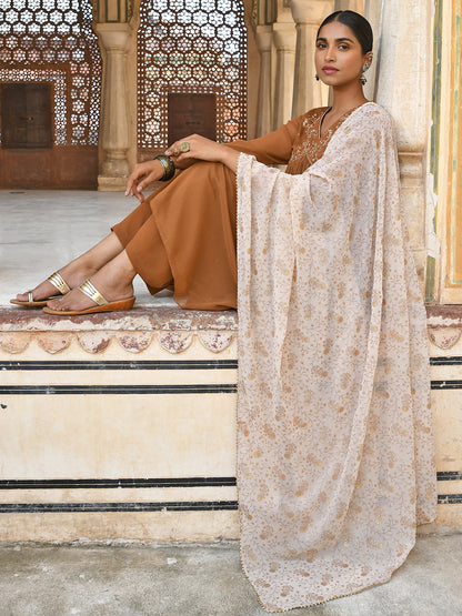 Brown Georgette Floral Embroidery Kurta with Palazzo and Dupatta Janasya Luxe