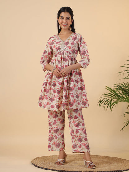 Beige Cotton Floral Gathered Co-Ord Set