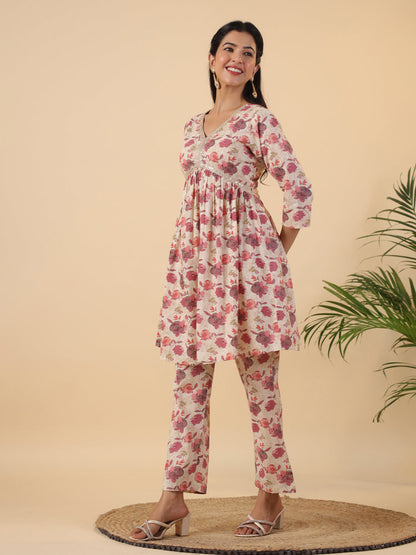 Beige Cotton Floral Gathered Co-Ord Set