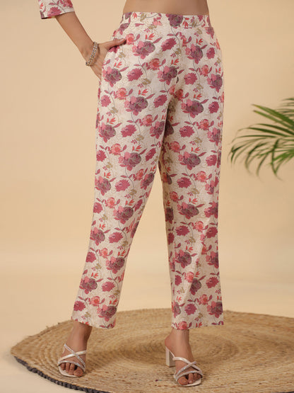Beige Cotton Floral Gathered Co-Ord Set