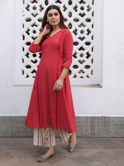 Red Cotton Ethnic Motifs A-Line Kurta Set