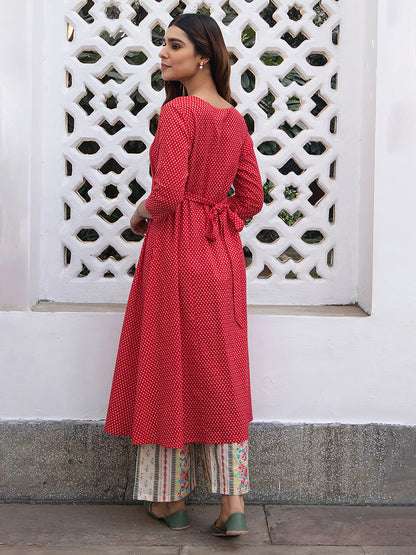 Red Cotton Ethnic Motifs A-Line Kurta Set