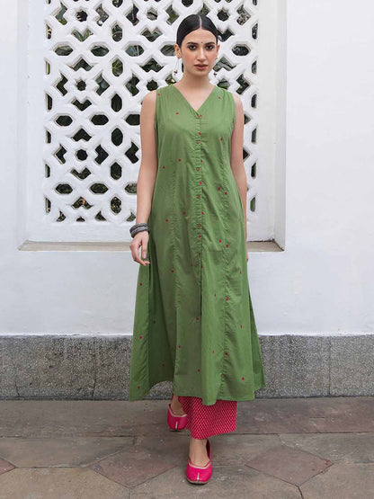 Green Cotton Geometric A-Line Kurta Set