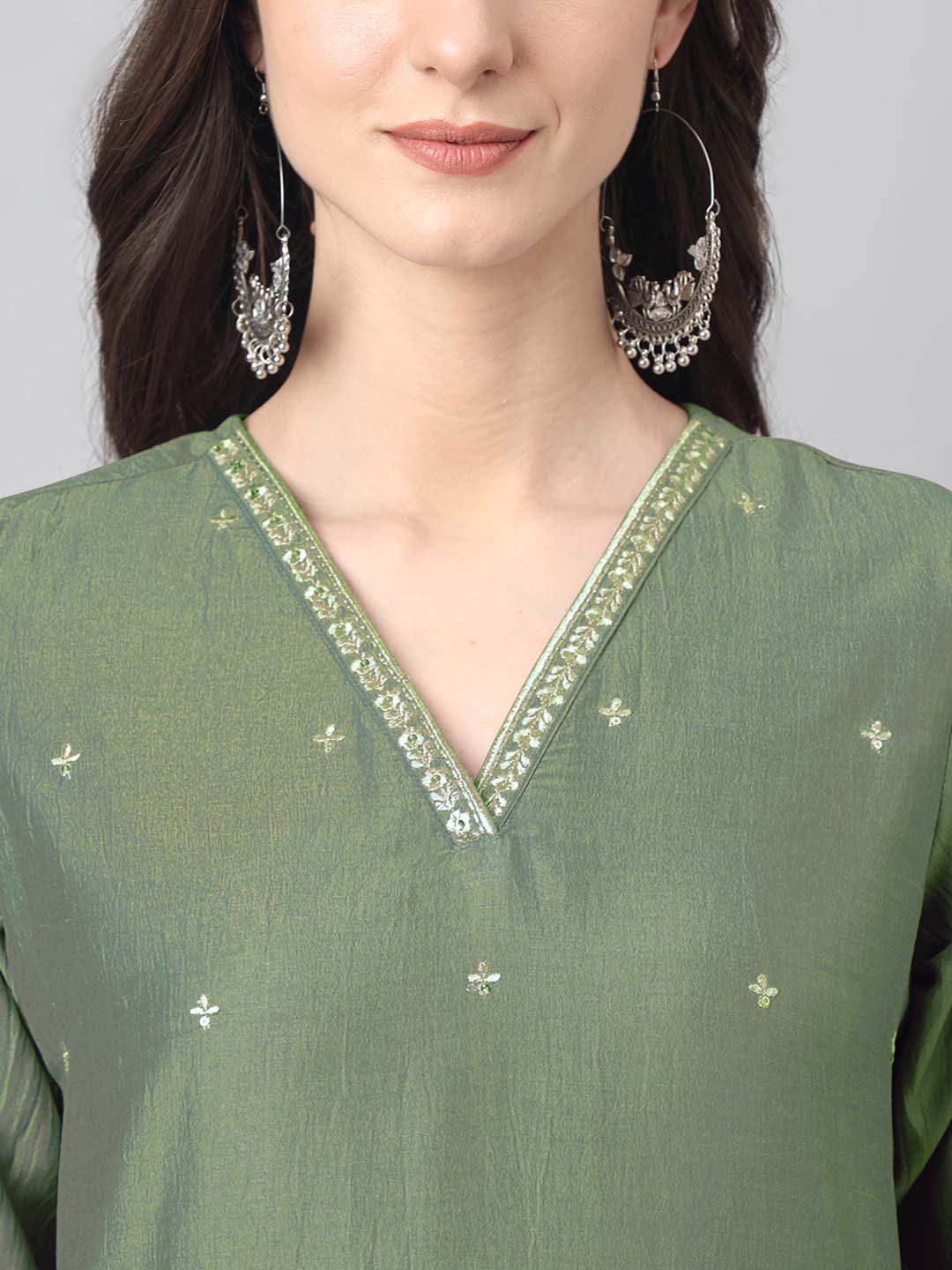 Green Chinnon Embroidered Regular Kurta set