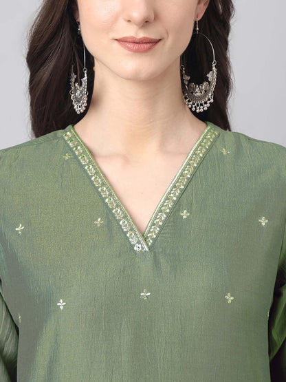 Green Chinnon Embroidered Regular Kurta set