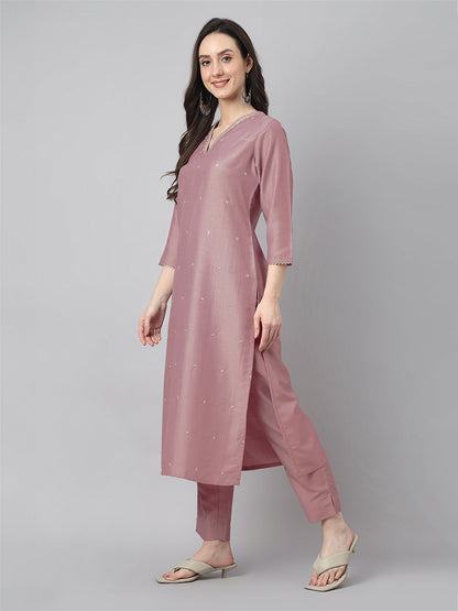 Mauve Chinnon Embroidered Regular Kurta Set