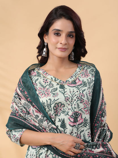 Mint Green Cotton Floral Regular Kurta Set