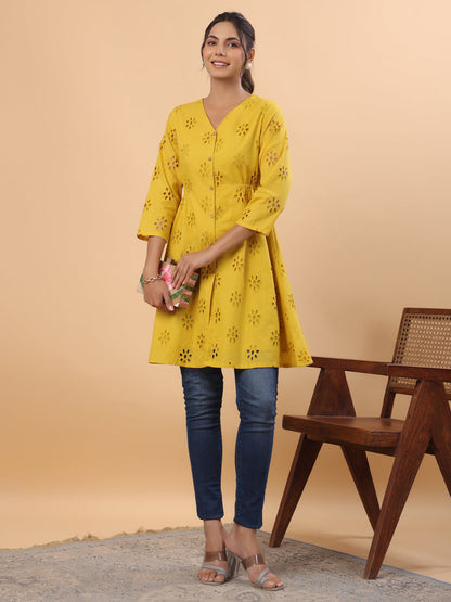Mustard Cotton Schiffli A-Line Tunic