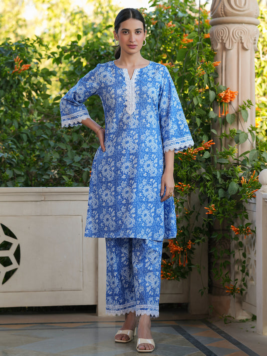 Blue Pure Cotton Floral Printed Straight Co-ord Set