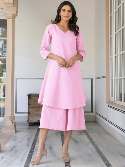 Pink Dobby Pure Cotton Self Design A-line Kurta with Culotte Pant Set