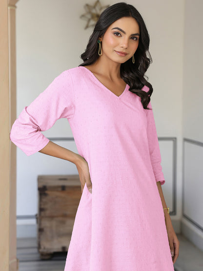 Pink Dobby Pure Cotton Self Design A-line Kurta with Culotte Pant Set