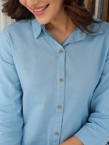Light Blue Cotton Solid A-line Co-ord Set
