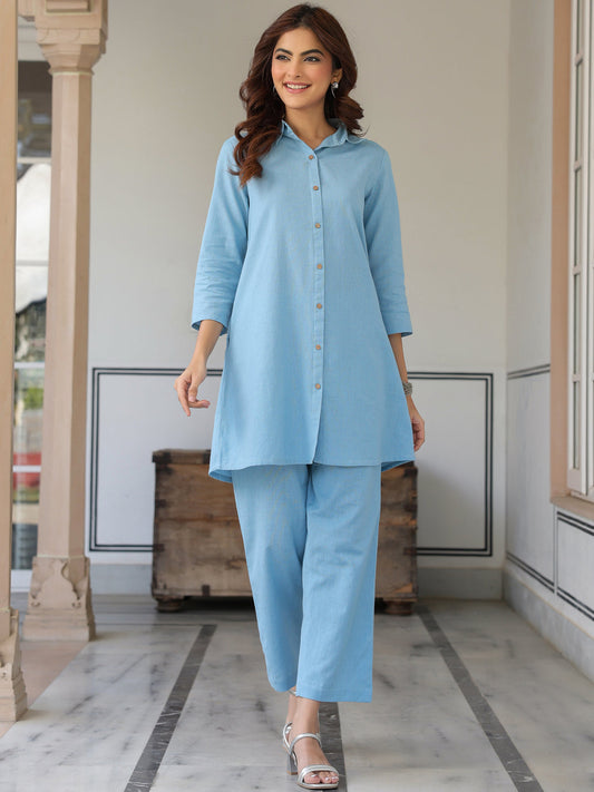 Light Blue Cotton Solid A-line Co-ord Set