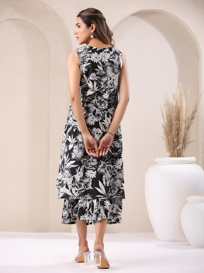 Black & White Rayon Floral Printed A-line Kurta With Culotte Set