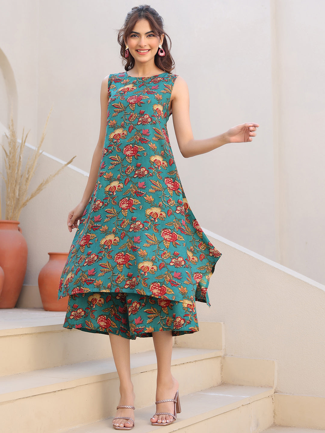 Green Rayon Floral Printed A-line Kurta With Culotte Pant Set