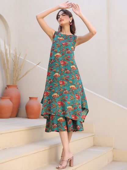 Green Rayon Floral Printed A-line Kurta With Culotte Pant Set