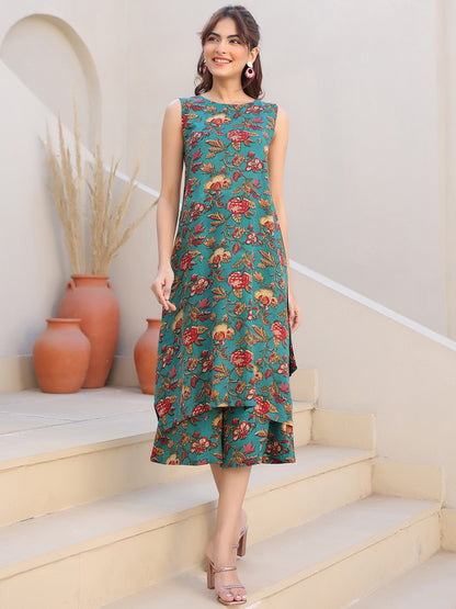 Green Rayon Floral Printed A-line Kurta With Culotte Pant Set