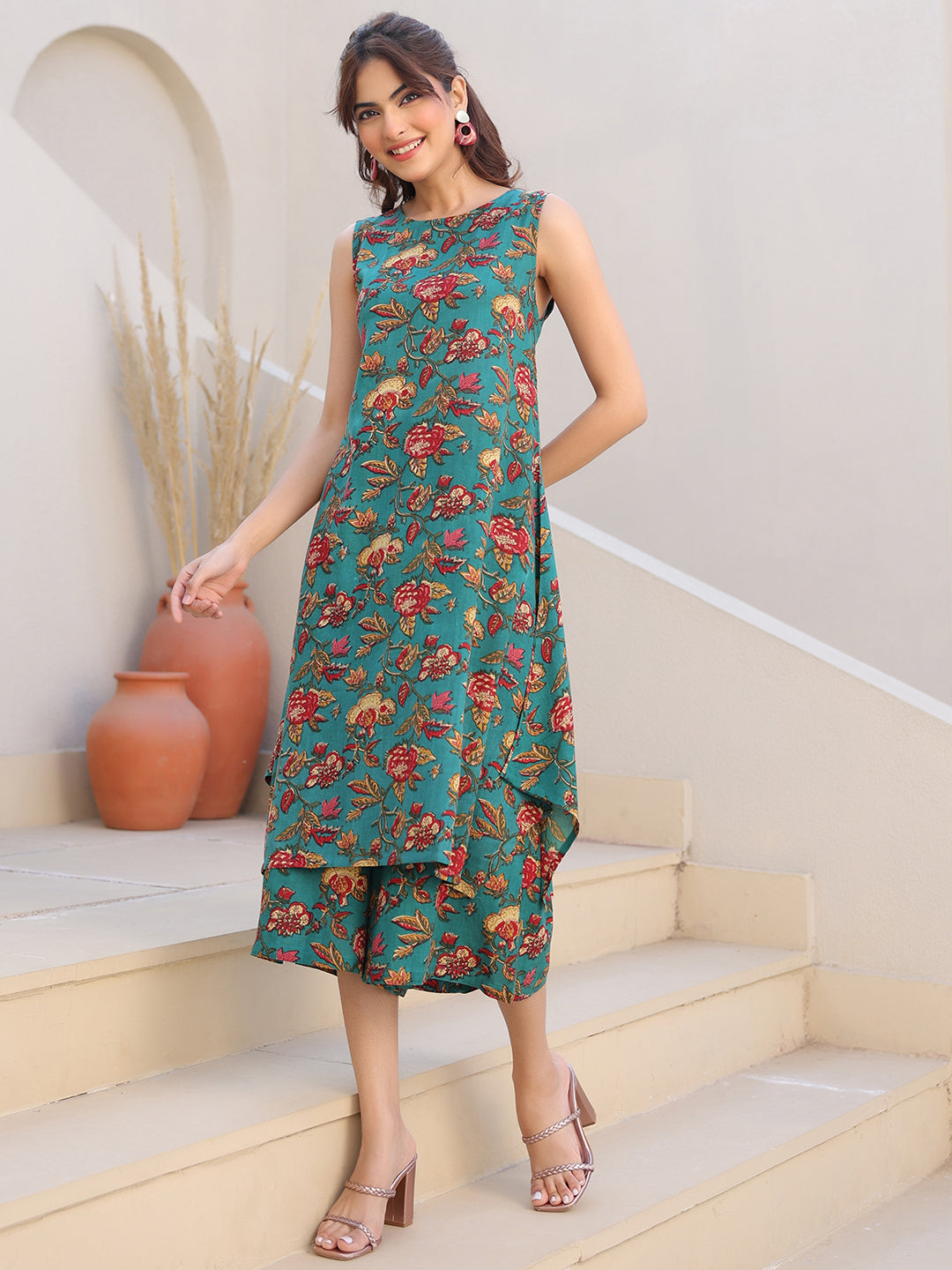 Green Rayon Floral Printed A-line Kurta With Culotte Pant Set