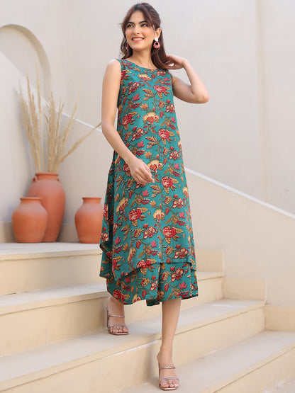 Green Rayon Floral Printed A-line Kurta With Culotte Pant Set