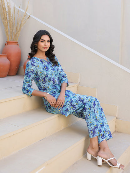 Blue Pure Cotton Floral Printed Straight Co-ord Set