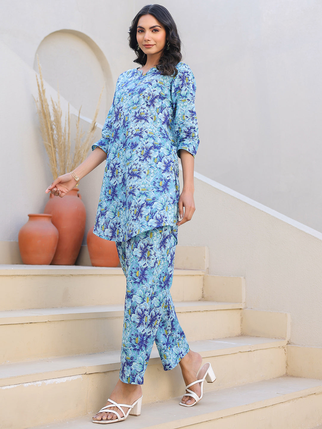 Blue Pure Cotton Floral Printed Straight Co-ord Set