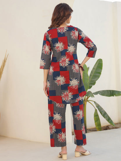 Navy Blue Pure Cotton Geometric Printed Straight Co-ord Set