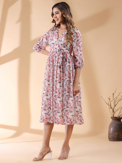 Cream Georgette Floral Printed Wrap Dress