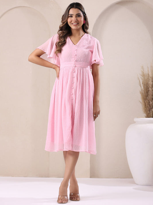 Light Pink Dobby Chiffon Self Design A-line Dress