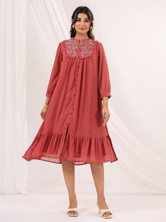 Janasya Women's Mauve Dobby Chiffon Embroidered A-line Dress