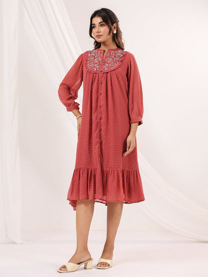 Janasya Women's Mauve Dobby Chiffon Embroidered A-line Dress